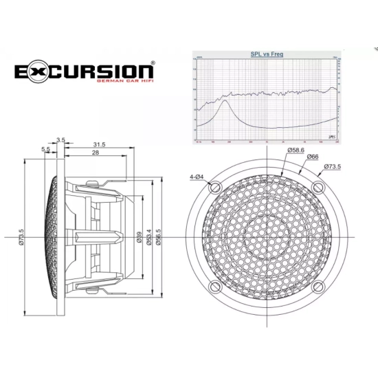 Excursion PX-2M  2 średniotonowe głośniki samochodowe (midrange) o średnicy 50/73mm - 3ohm, 60/150W, 86.5dB, 200-20000Hz, neodym, maskownice, głębokoś